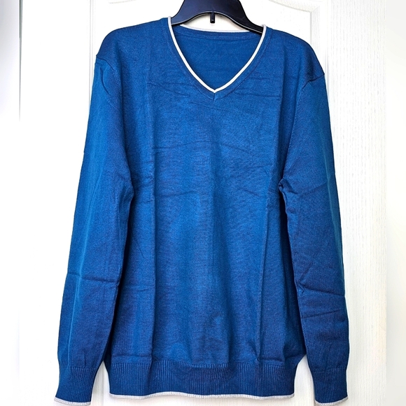 Men's Cotton Sweater V Neck Long Sleeve Knitted Pullover Lake Blue - Picture 1 of 9